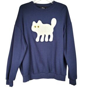 Cider Cat Sweatshirt Women L/XL Blue Oversized Feline Cat Lover Pullover Casual